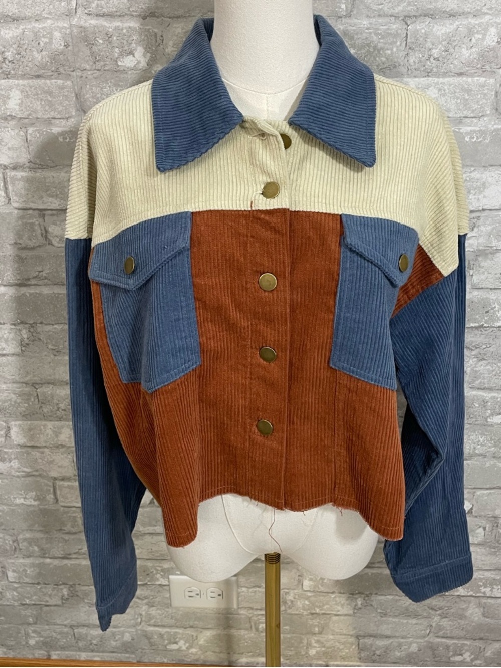 Fashion on Earth Colorblock Corduroy  Jacket - Blue, Cream & Rust